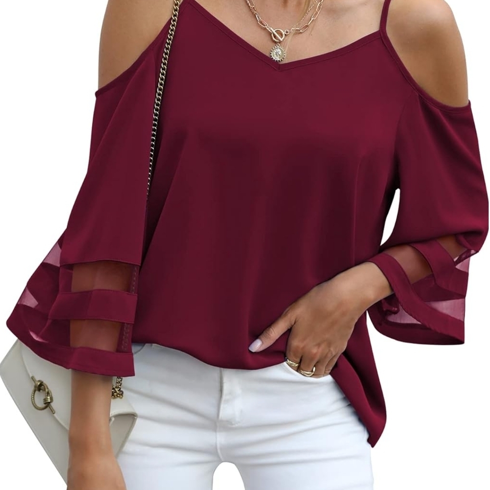 Women's Burgundy Cold-Shoulder Blouse with Sheer Sleeve Panels